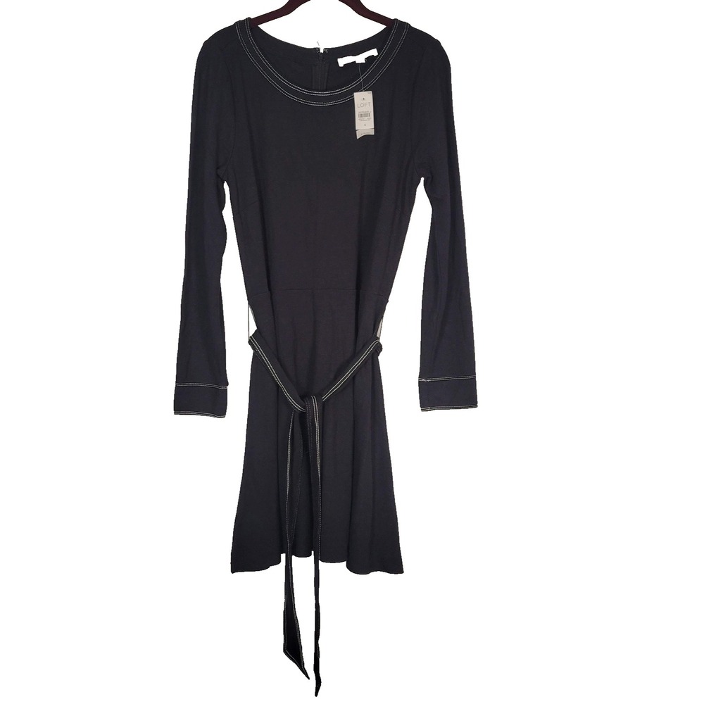 LOFT Dress Womens 6 Black Long‎ Sleeve Belted Contrast Stitch A Line Ponte Knit